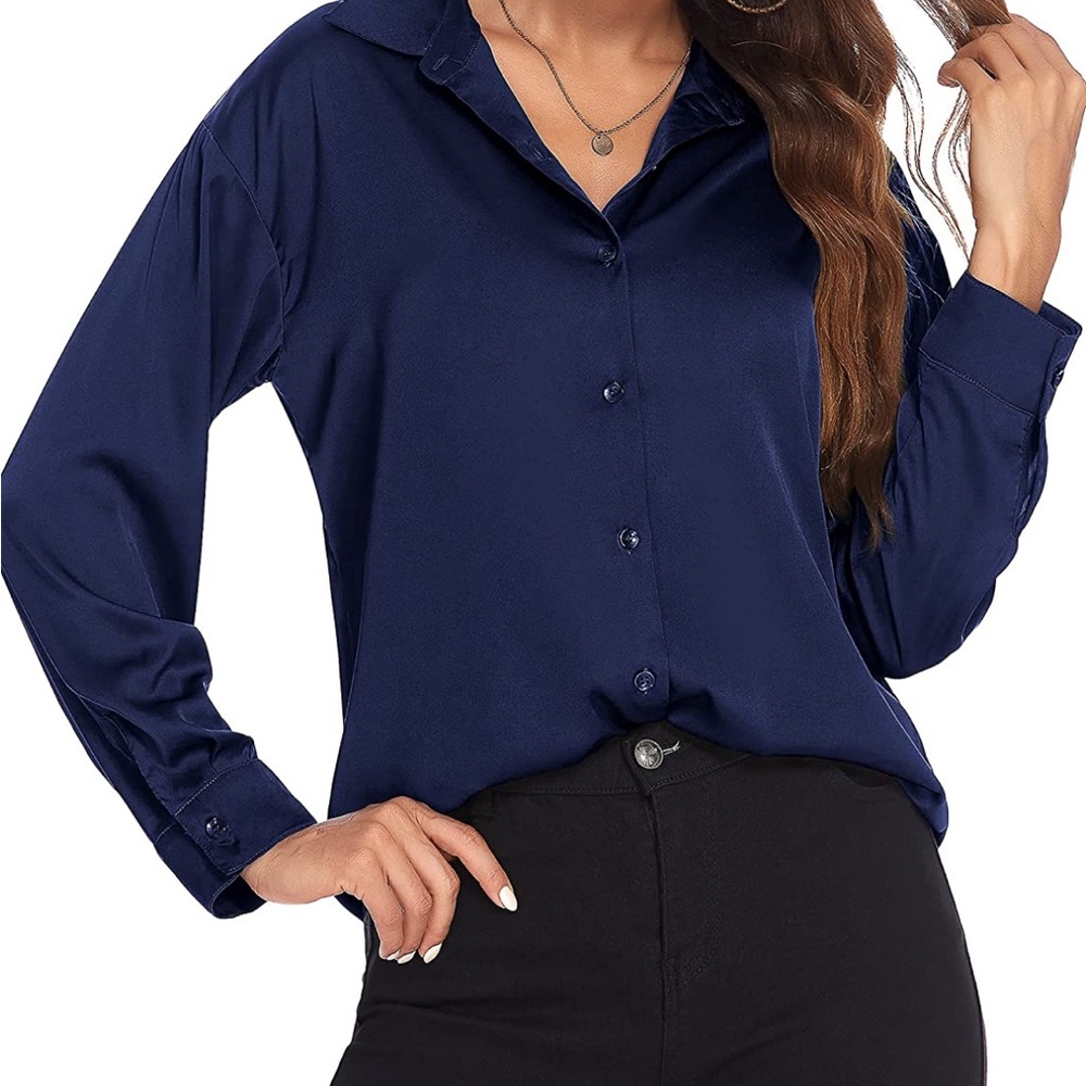 Chigant Womens Satin Button Down Blouse